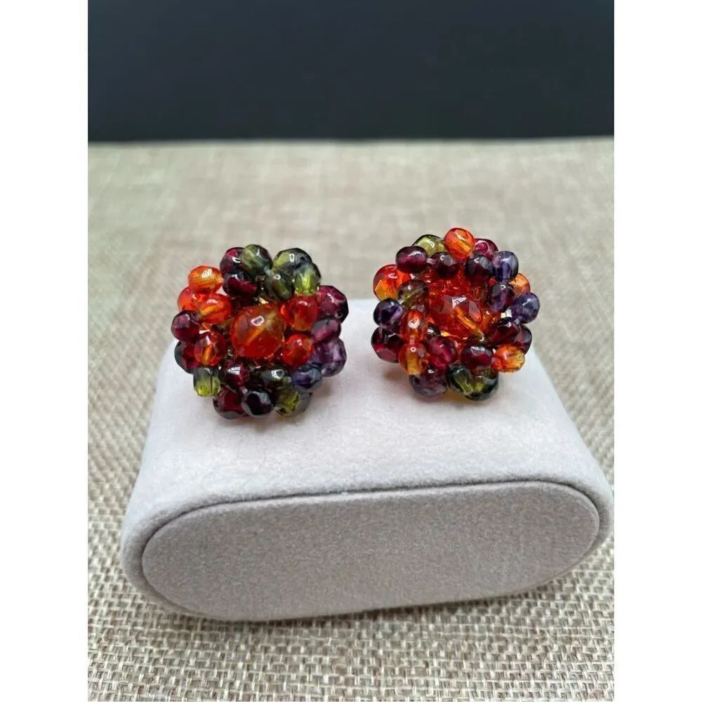 Vintage Joan Rivers Beaded Round Gold Tone Pierced Earrings Fall Colors Pretty